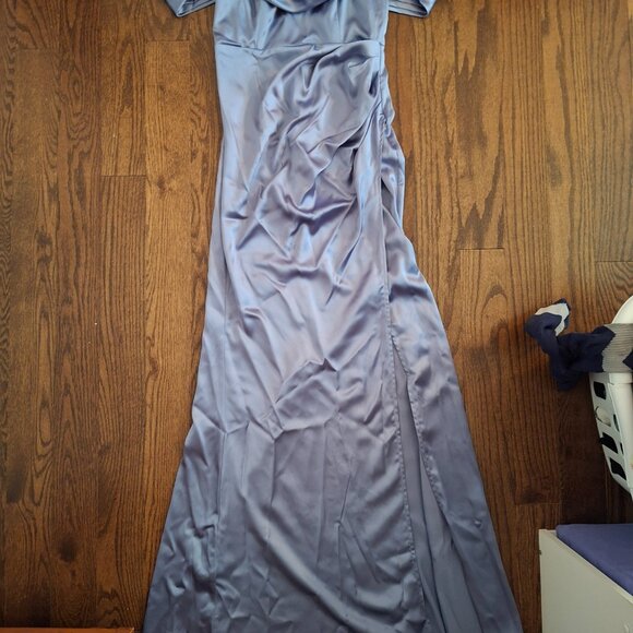 Slate Blue Satin Off-Shoulder Formal Gown w/ Slit – Size 4 - Picture 2 of 4